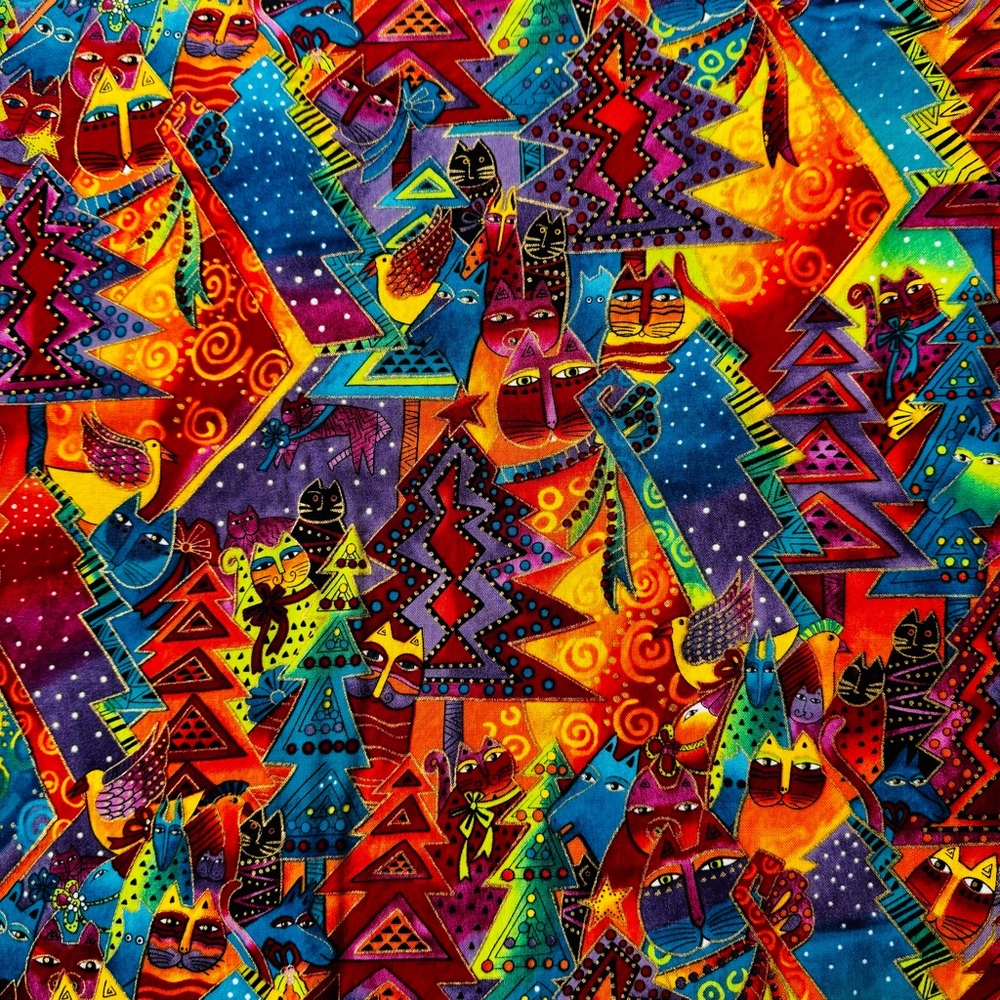 Laurel Burch Cotton Fabric “Holiday Collection” Cats and Trees, 1 yard
